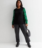 New Look Curves Green Ribbed Geometric Sleeve Top